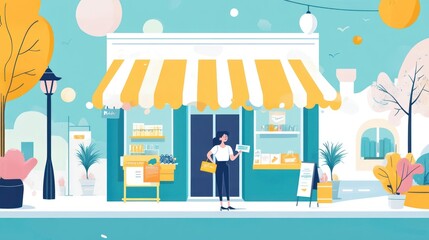 A Woman Stands Outside a Shop with a Yellow Awning and a Small Potted Plant