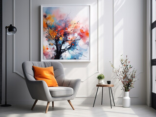 Attractive grey armchair and vase with blooming narcissus flowers on coffee table near white wall