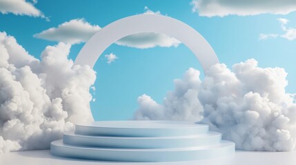 A white podium with 3 steps sits in the middle of white clouds against a blue sky with a large circle, creating a minimalist, clean, and dreamy aesthetic.