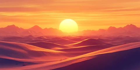 Gardinen A vibrant sunset over a desert landscape with a large, golden sun in the sky, casting long shadows across the dunes. © Kind Bee Studio