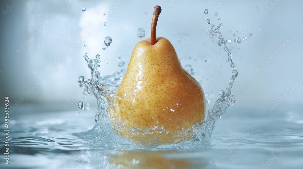 Poster a pear splashing into water, creating a crown of splashes