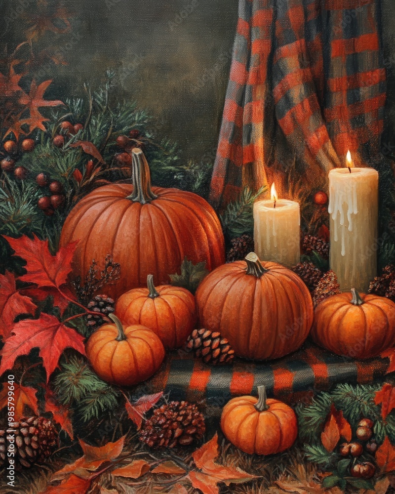 Canvas Prints autumn scene with pumpkins and candles on plaid fabric