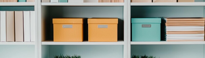 Colorful storage boxes and books on a modern shelf, ideal for organization and home decor inspiration.