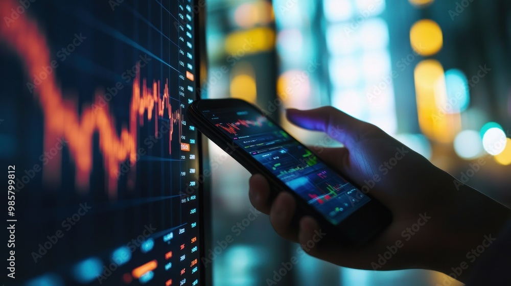 Poster hand holding smartphone with stock market data and a computer monitor in the background
