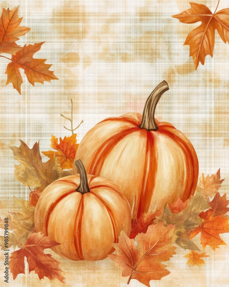 Canvas Prints Seasonal background with pumpkins fall leaves and plaid texture in soft colors