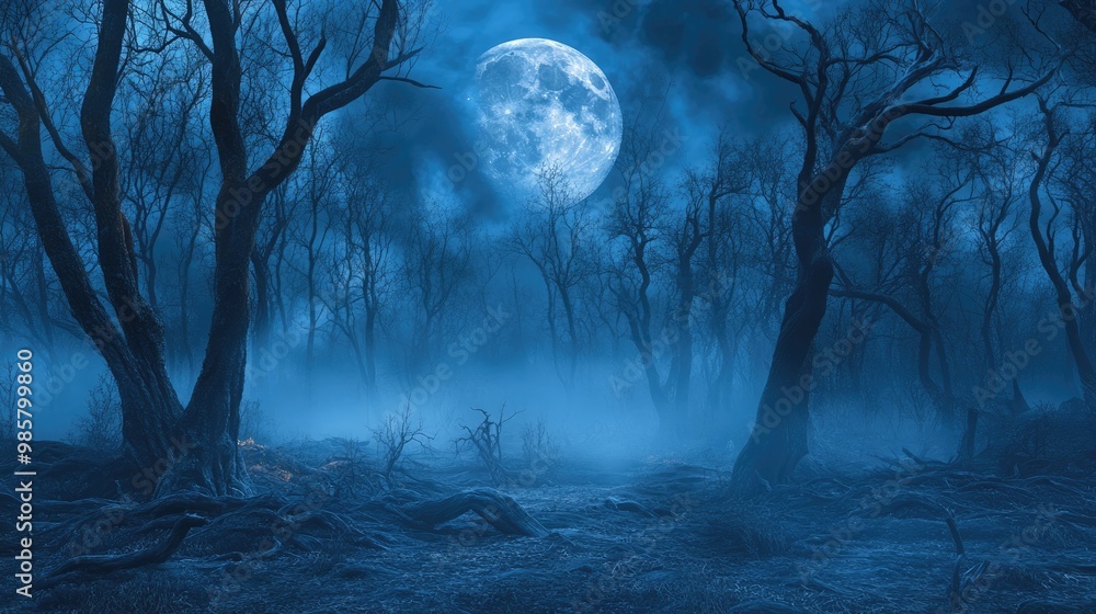 Wall mural misty forest with dry trees and full moon in dark night setting