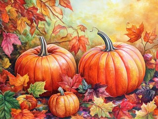 Autumn Scene with Pumpkins and Vibrant Leaves