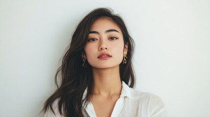Obraz premium Portrait of a Young Woman with Long Black Hair and Golden Earrings