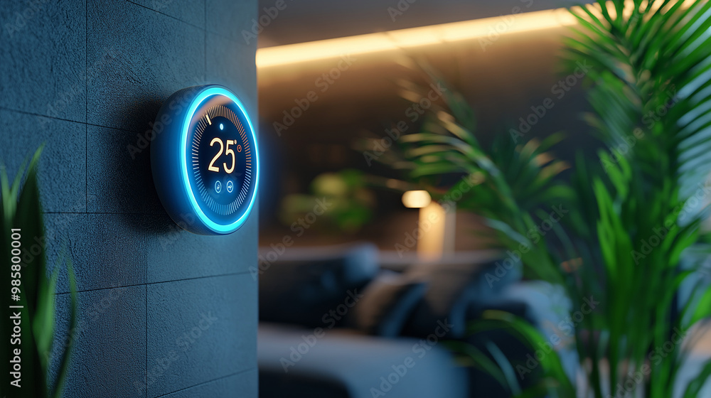 Wall mural a photostock image of a high-tech smart thermostat with augmented reality, showing temperature settings, energy-saving modes, and remote control options in a modern home