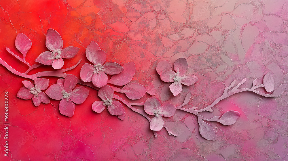 Wall mural delicate pink flowers embossed on a textured background.