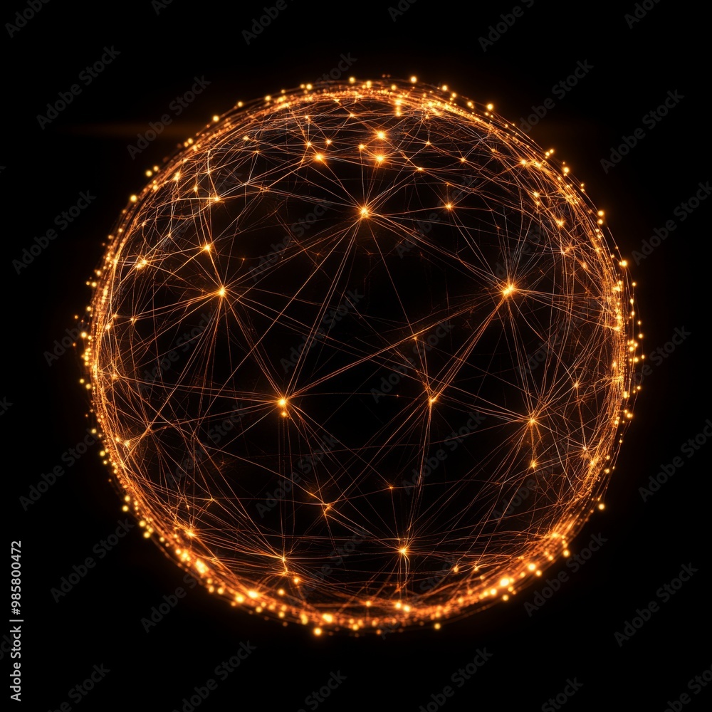 Poster abstract glowing sphere with connected lines and dots on a black background.