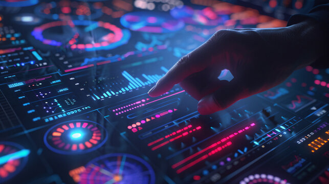 Person Presses Button on Computer Screen Amidst Bright Lights