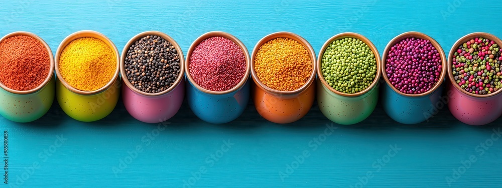 Poster a colorful array of spices in small ceramic bowls, arranged in a grid.