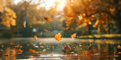 Autumn leaves fall from the trees onto a path with the sun shining through the branches
