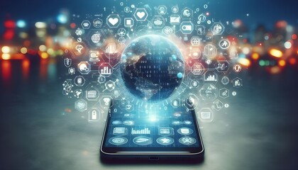 smartphone with creative connected digital business interface with various icons and binary code on blurry background. Software development, app, global business and ai concept. 3D Rendering