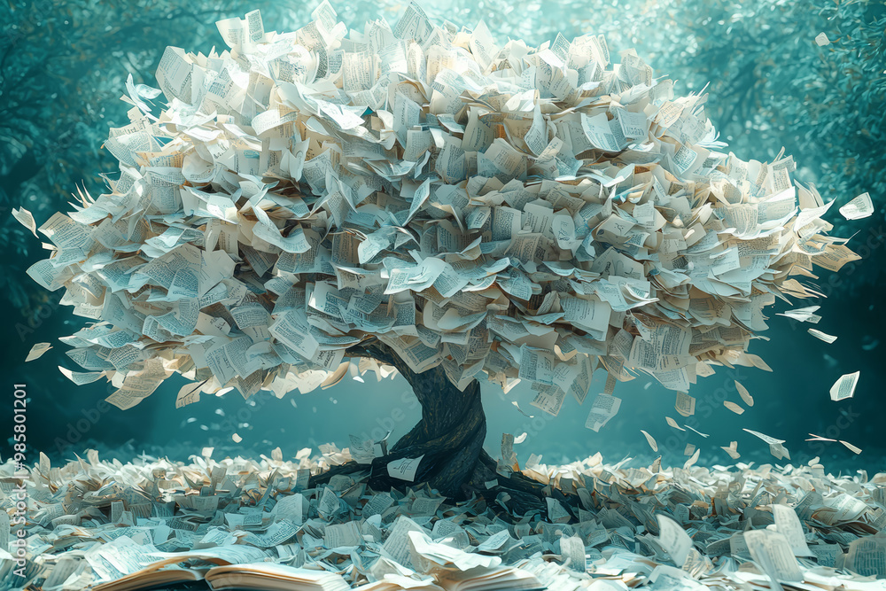 Poster a tree with leaves made of pages from a book, symbolizing the connection between nature and knowledg