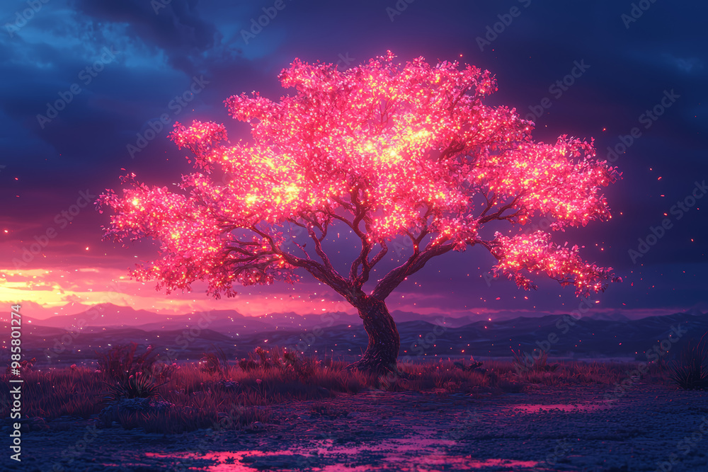 Canvas Prints a tree with branches that are made of glowing neon lights, blending nature with modern technology.