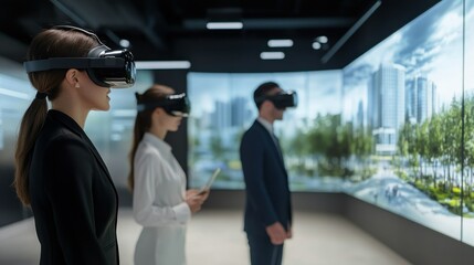 Three People Wearing VR Headsets Looking at a Virtual Cityscape