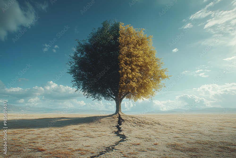 Poster a tree split down the middle, with one side lush and green and the other side bare and leafless, rep