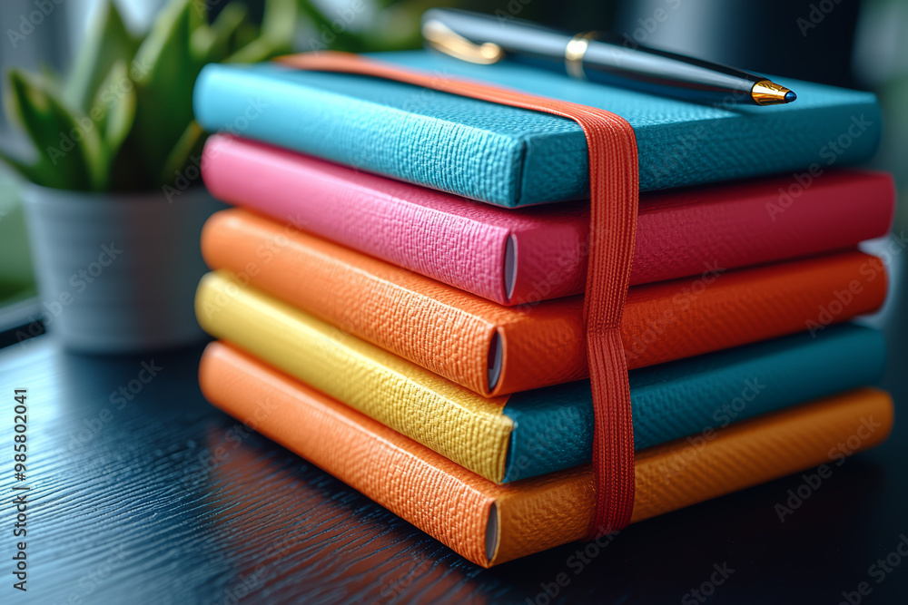 Poster a stack of colorful notebooks and pens arranged neatly on a desk, symbolizing organization and produ