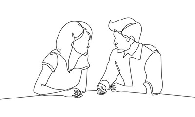 Woman and Man Talking Continuous One Line Drawing. Work Process Minimal Black One Line Drawing on White Background. Business Concept Abstract Linear Sketch Drawing. People Modern Design. Vector EPS 10