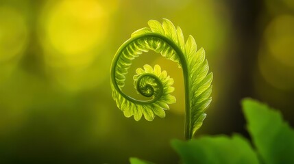 A Delicate Fern Fiddlehead Unfurling in Sunlight