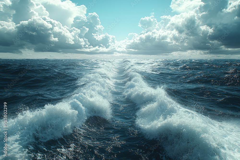 Poster a split scene of a calm ocean on one side and rough, crashing waves on the other, symbolizing sereni