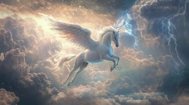 the beauty of a Pegasus flying through the sky. Virtual 4K video animation background with looping time lapse with very smooth graphics.