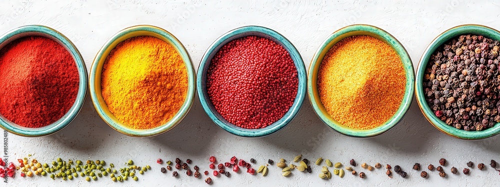 Poster a colorful array of spices in small ceramic bowls, arranged in a grid.