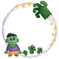Halloween border circle frame with zombie and hand isolated on transparent background
