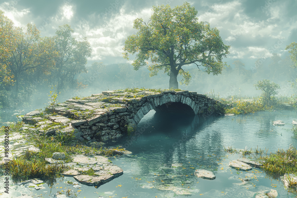 Poster a split bridge where one side is intact and beautiful, and the other side is broken and in ruins, sy