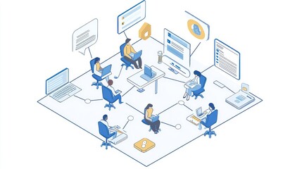 Isometric Illustration of a Team Working Together on Laptops and Documents