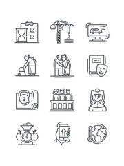 Healthy food, Insurance, Jester, Jury, Kettle bell, set of icons for web design, vector illustration