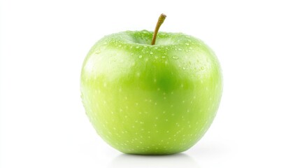A Single Green Apple with Water Droplets on its Skin