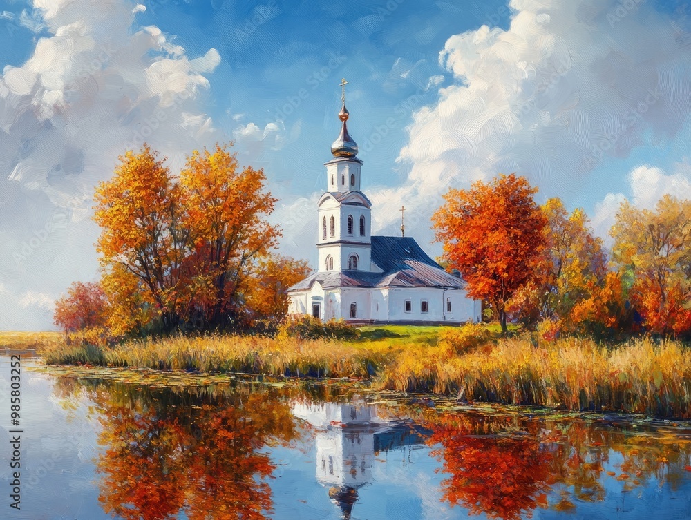 Poster Serene Autumn Scene with Church of the Assumption