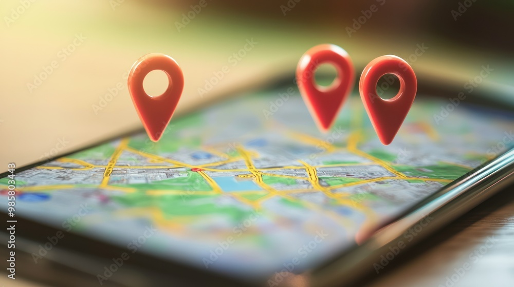 Poster three red location pins hovering over a smartphone map
