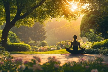 Young woman meditating in a peaceful garden during sunrise, horizontal banner, copy space

meditation, mindfulness, relaxation, nature connection, outdoor wellness, morning serenity, spiritual practic