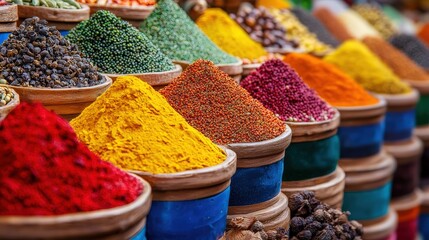 A colorful display of spices in a spice market, with exotic scents.