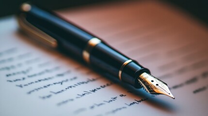 A Gold-Trimmed Fountain Pen Resting on a Handwritten Page