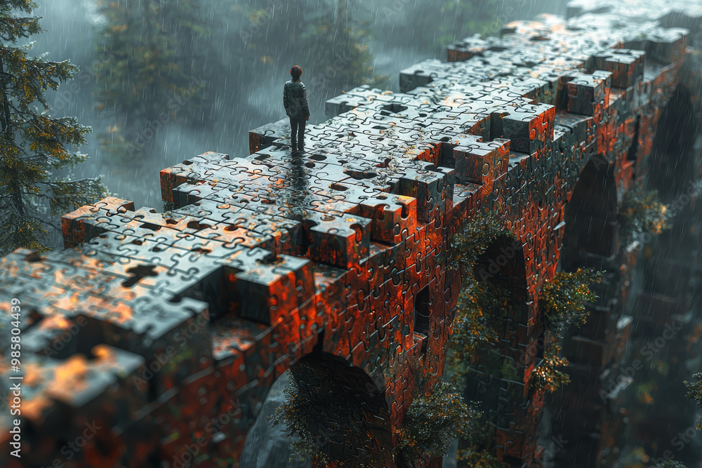 Poster a person standing on a bridge that is made entirely of puzzle pieces, symbolizing the complexity of 