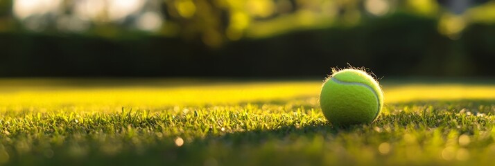 Tennis ball on grass court with sunlight in background, horizontal banner, copy space. blur.
sports equipment, recreation, summer fitness, active lifestyle, outdoor game, tennis court, competition