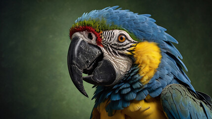 Obraz premium Close-Up Photorealistic Portrait of a Blue and Yellow Macaw with Intricate Feather Details and Expressive Eyes