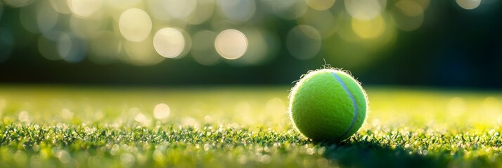 Tennis ball on grass court with sunlight in background, horizontal banner, copy space. blur.
sports equipment, recreation, summer fitness, active lifestyle, outdoor game, tennis court, competition