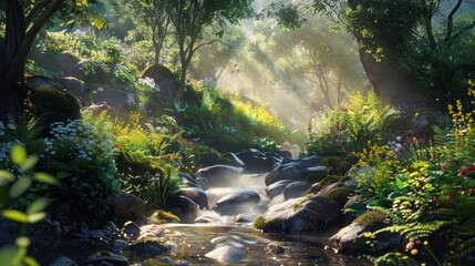 Sunlight Illuminates a Tranquil Forest Stream