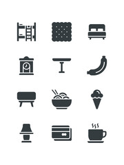 Hat Stand, Ice Cream, Noodle, Ottoman, Photo, Potato, Sausage, set of icons for web design, vector illustration