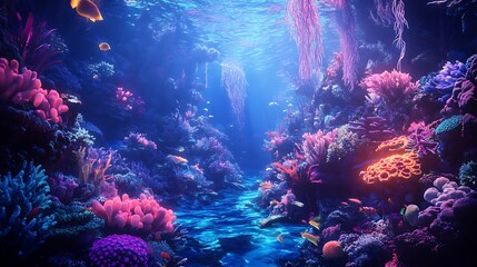 Fototapeta premium Animated fish swimming in a glowing underwater world, surrounded by 4D creatures and vibrant coral, creating an immersive scene of digital animals in a magical sea 