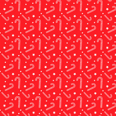 Christmas Candy Cane Pattern featuring Red and White Stripes, Stars, and Decorative Elements for Holiday Celebrations. Traditional Seasonal Symbols like Lollipops, Caramel, and Sweets for Xmas Cards.