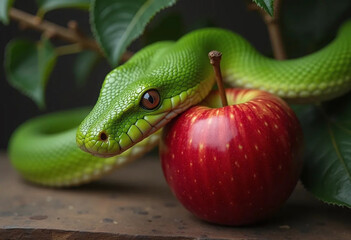 Fototapeta premium green snake and red apple