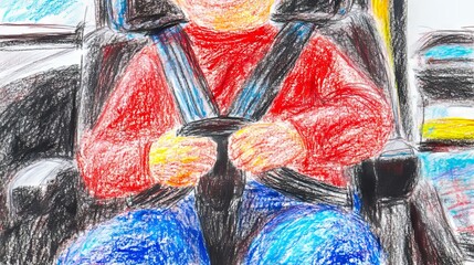 A drawing of a child sitting in a car seat