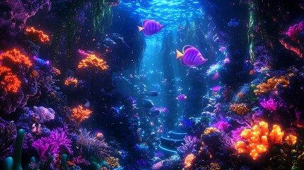 Underwater animals in a vibrant 4D photo, with glowing fish and animated sea creatures swimming through a futuristic ocean landscape, surrounded by vibrant coral reefs 